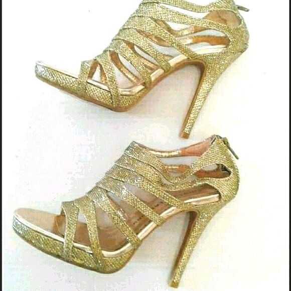Chinese Laundry Gold Sparkly Night Out Party Open Toe Strappy Platform Heels - Picture 5 of 9